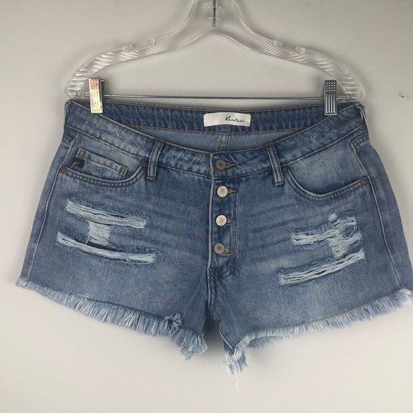 KanCan Mid Rise Distressed Blue Denim Cut Offs 100% Cotton Size 28/9 Jean Shorts - Picture 1 of 16